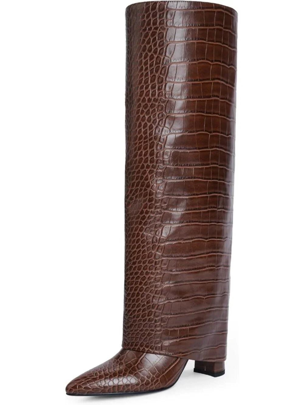 Women's Crocodile Brown Pointed Toe Chunky Heel Faux Leather Over The Knee Boots